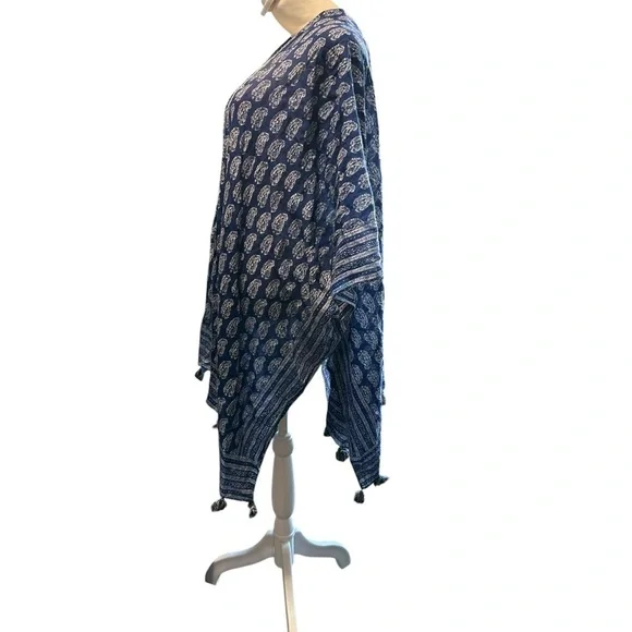 Kimono Duster In One Size Women's blue and white with tassels - Picture 3 of 4
